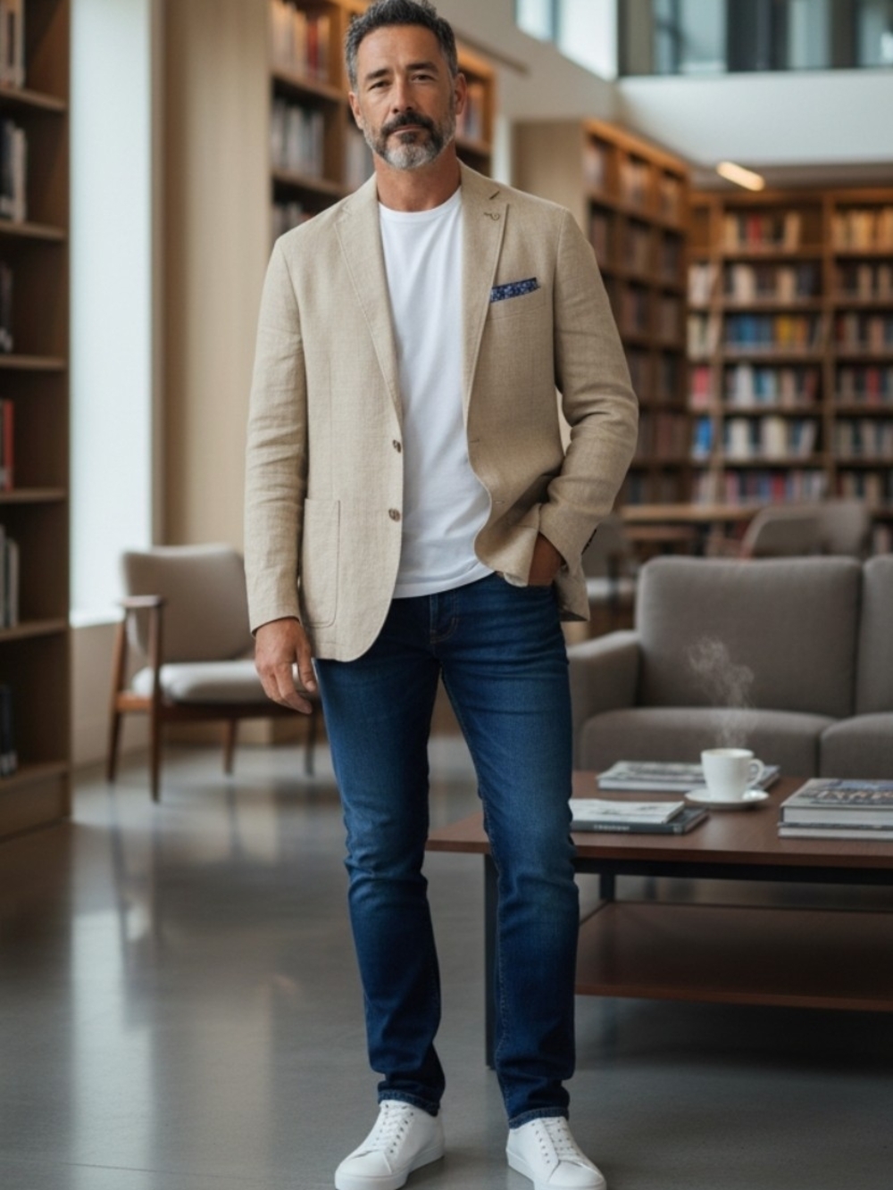 Daniel Cremieux Beige Linen-Blend Sport Coat with Navy Pocket Square